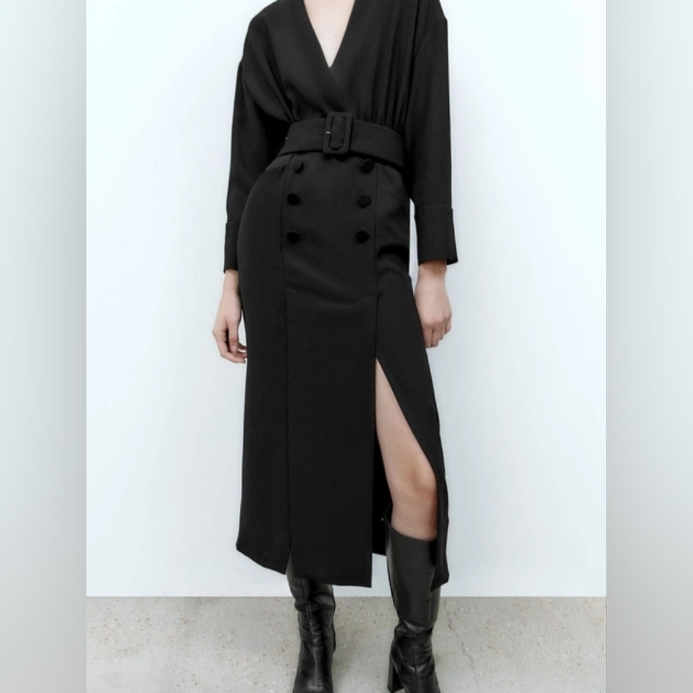 Zara Wrap V-Neck Long Sleeve Midi Dress In Black *Missing Belt* - Picture 2 of 7